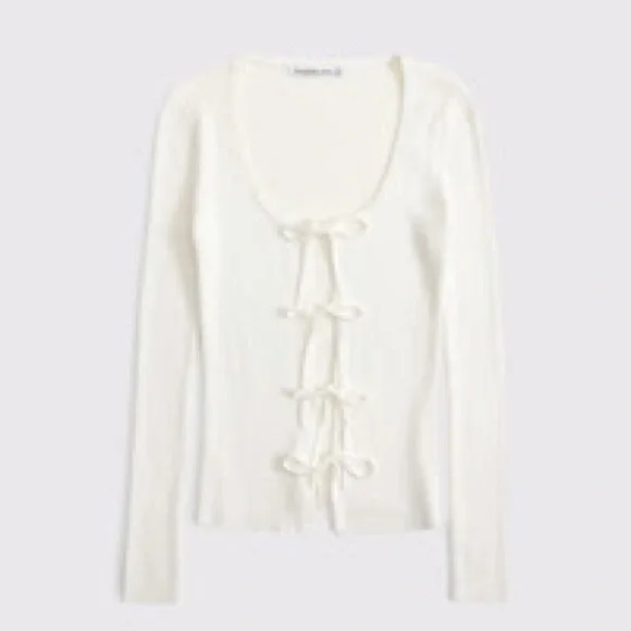 Abercrombie & Fitch Cream Ribbed Tie-Front Long Sleeve Cardigan - Picture 2 of 5